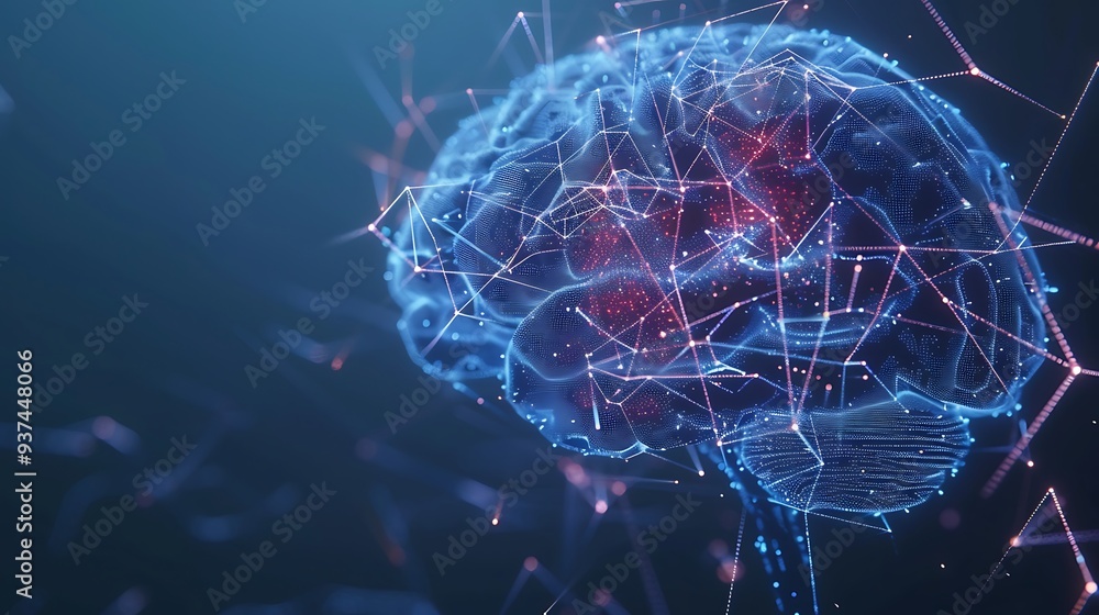 Poster abstract representation of a human brain as a digital network, illustrating the complexity of the mi