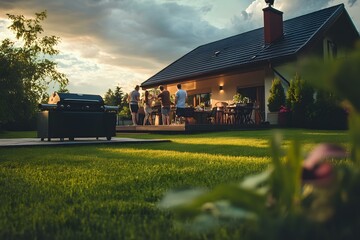 Backyard Barbeque With Friends At Sunset