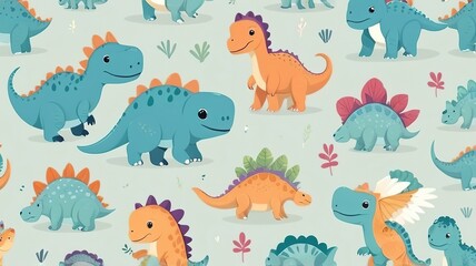 Seamless pattern of cute, flat cartoon dinosaurs on a pastel background.