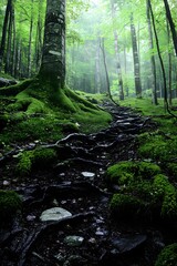 Obraz premium Forest Path Through Trees With Moss Covered Roots