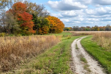 Naklejka premium Autumn Path Through Fields With Trees