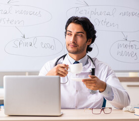 Young male doctor neurologist in front of whiteboard