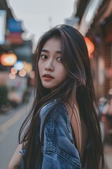 Fototapeta premium Young Woman in Denim Jacket Turning Her Head in City Street