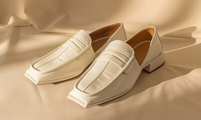 White lather loafer mules shoes on beige. 