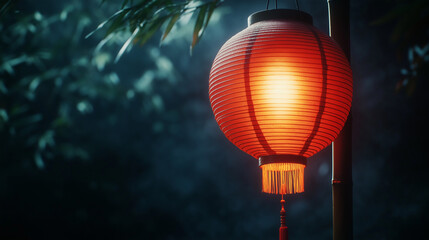 a traditional chinese lantern, hanging outside, dark background, space for text, Chinese new year