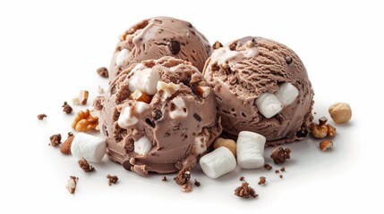 Rocky road ice cream with marshmallows and nuts isolated on a white background