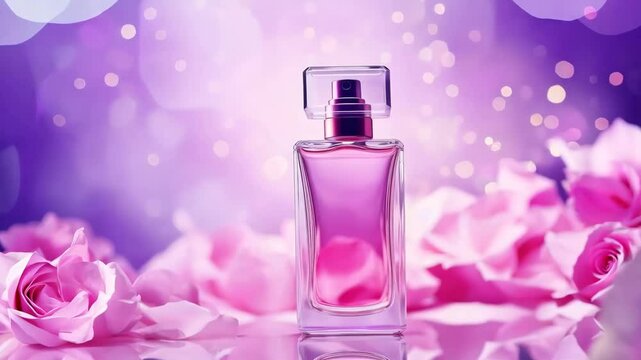 Animation of transparent glass perfume bottle or toilet water with blossom rose flowers and petals. Empty container for branding and label mockup. Eau de toilette. Perfumery and natural beauty product