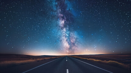 Naklejka premium A wide image of a highway extending into the horizon under a starry night sky.