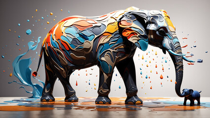 Obraz premium A bronze different animal statue, decorated with colorful drips and splashes, stands on a surface with golden liquid.