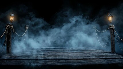 Haunted pirate dock, ghostly mist, creaking boards, Halloween night, Watercolor style
