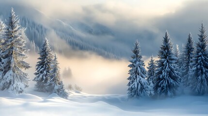 Fototapeta premium Snowy Forest Landscape with Foggy Mountains - Realistic Image