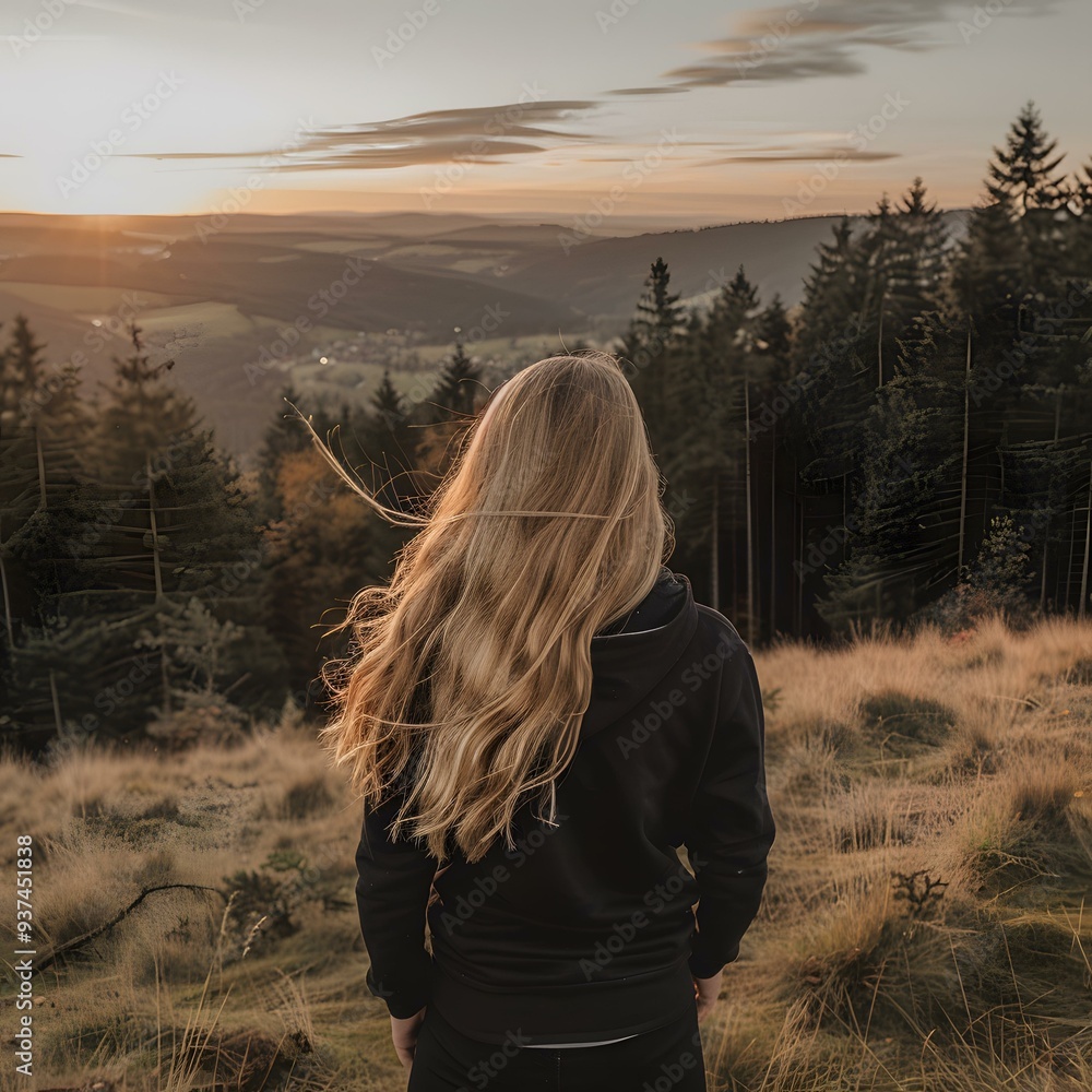 Wall mural Woman with Long Blond Hair Stands on Mountain Top and Looks at the Sunset