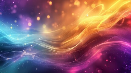 Fototapeta premium Abstract background with glowing waves in blue, yellow, and pink with a bokeh effect.