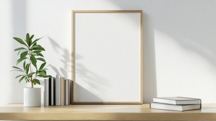 Blank frame leaning on a wooden table, minimal home decor with a plant and books, bright white walls
