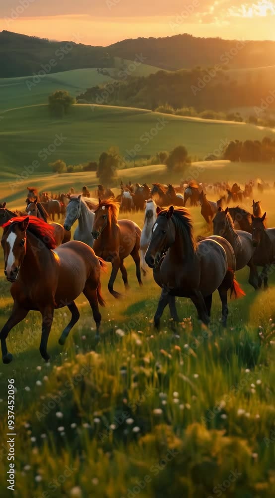Poster a herd of horses running through a field. the sun is setting in the background