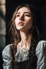 Naklejka premium Portrait of a Beautiful Young Woman with Long Brown Hair Looking Up