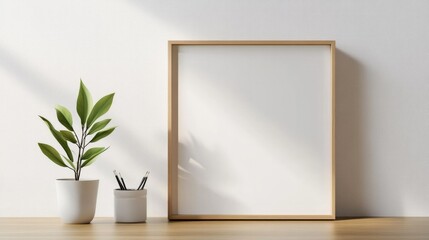frame on a wooden table, minimal decor with a small plant and white walls, minimalist room