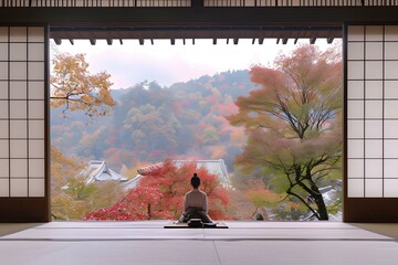 Woman Sitting in a Traditional Japanese House with a View of Autumn Foliage
