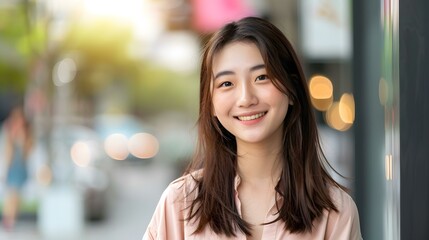 Obraz premium Smiling Asian Woman Standing In The City