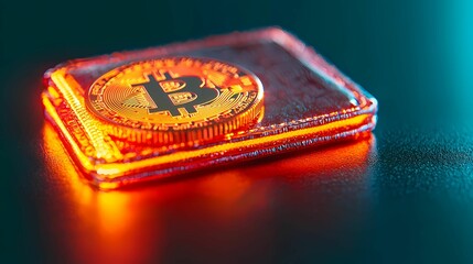 Close-up of a glowing Bitcoin wallet with a digital coin, representing cryptocurrency and financial innovation.