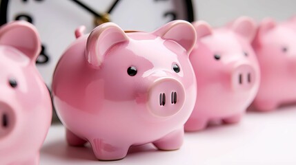 Colorful piggy banks lined up near a clock, symbolizing savings and financial management for personal finance concepts.