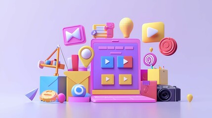 Vibrant 3D illustration of a laptop surrounded by colorful multimedia icons, showcasing digital creativity and technology.