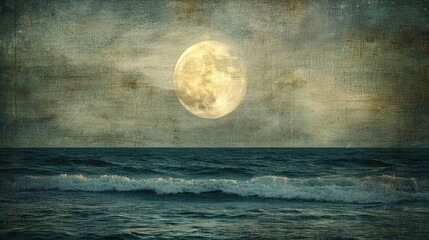 Full Moon Over a Dark Blue Ocean with Waves