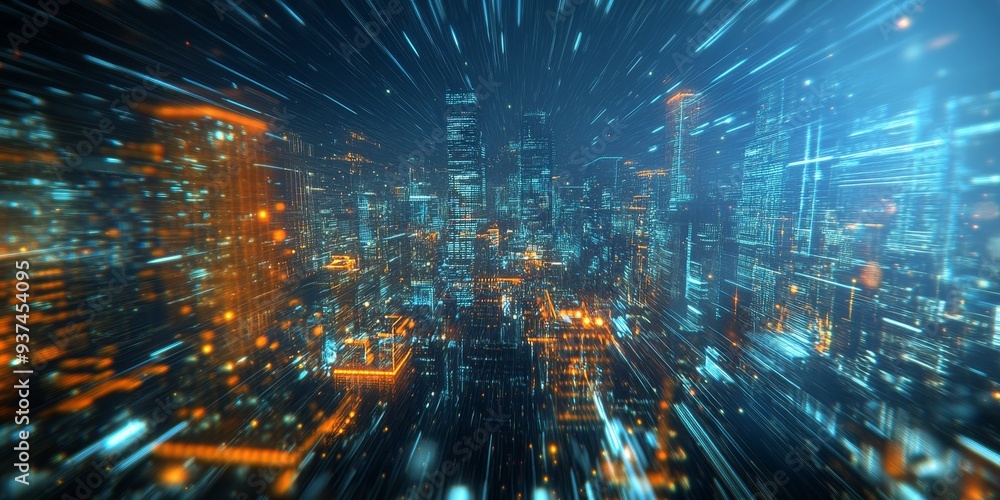 Poster detailed view of a virtual cityscape in vr, intricate details and dynamic lighting creating a lifeli
