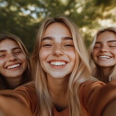 Fototapeta premium Smiling Girls Taking Selfie Together In The Park