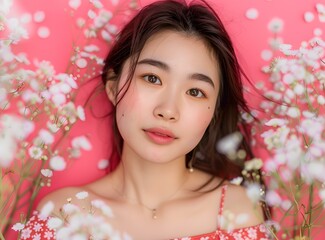 Portrait of a Young Asian Woman with White Flowers on a Pink Background