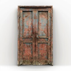 A weathered, double wooden door with peeling paint and a worn handle.  The door is set against a white background.