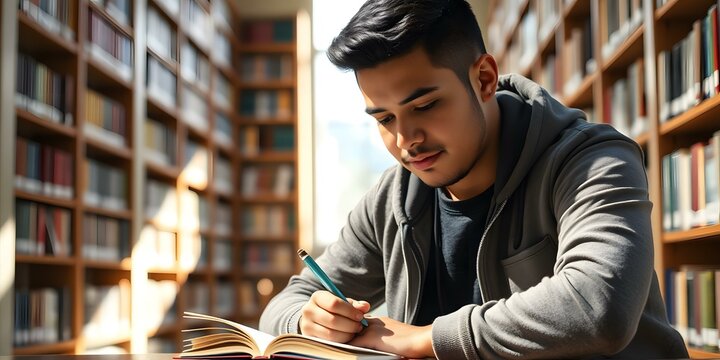 Young Man Studying In Library With Bookshelves