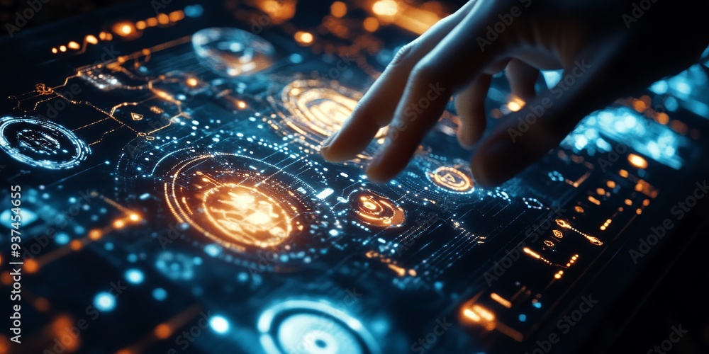 Poster macro shot of an interactive vr control panel, user navigating through a richly detailed virtual env