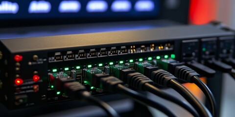 a network switch, ports connected with secure cabling, data flow visualized on monitor, robust and resilient network infrastructure