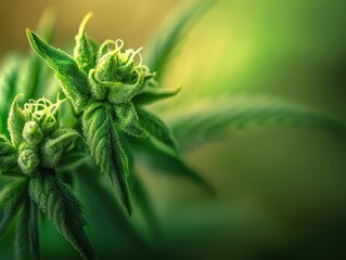 Close-up of cannabis plant with vibrant green leaves and buds.