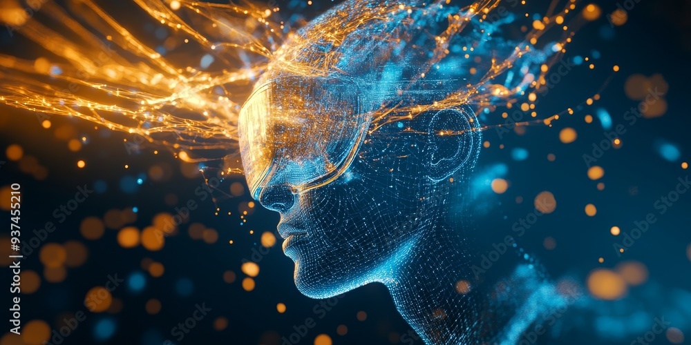 Poster a vr environment transition, digital elements morphing smoothly, user seamlessly moving from one wor