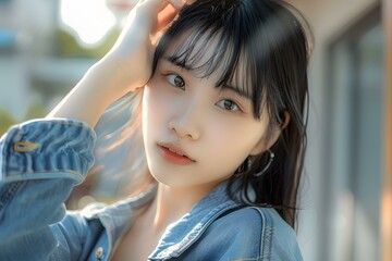 Portrait of a Young Asian Woman with Long Black Hair and a Denim Jacket