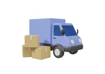 3D illustration with truck and parcel box icons, freight and parcel delivery concept isolated on transparent background.