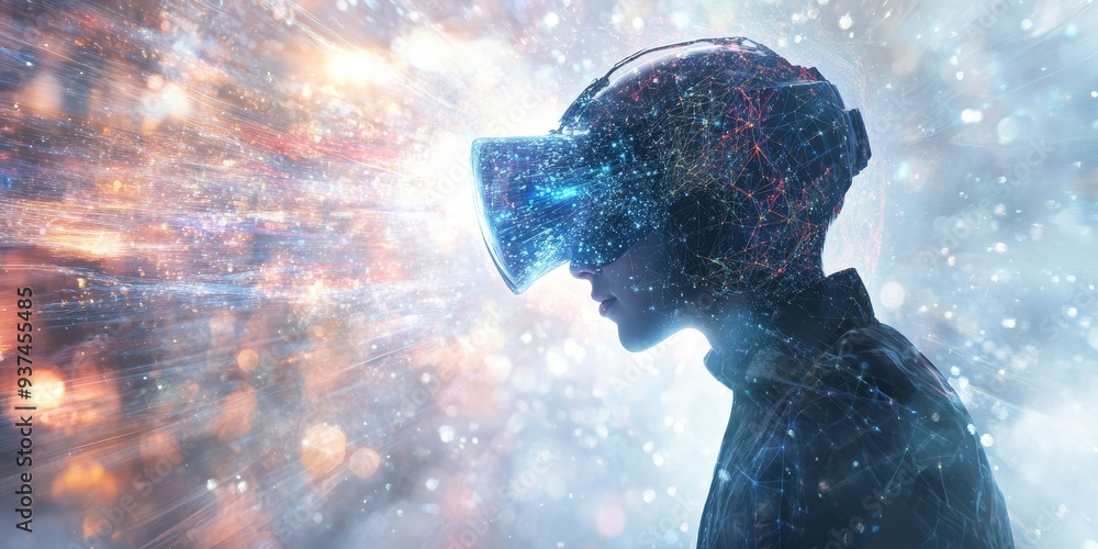 Poster a vr environment transition, digital elements morphing smoothly, user seamlessly moving from one wor