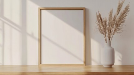 Elegant mockup frame on a wooden surface, white walls, and minimalist decor in a bright home