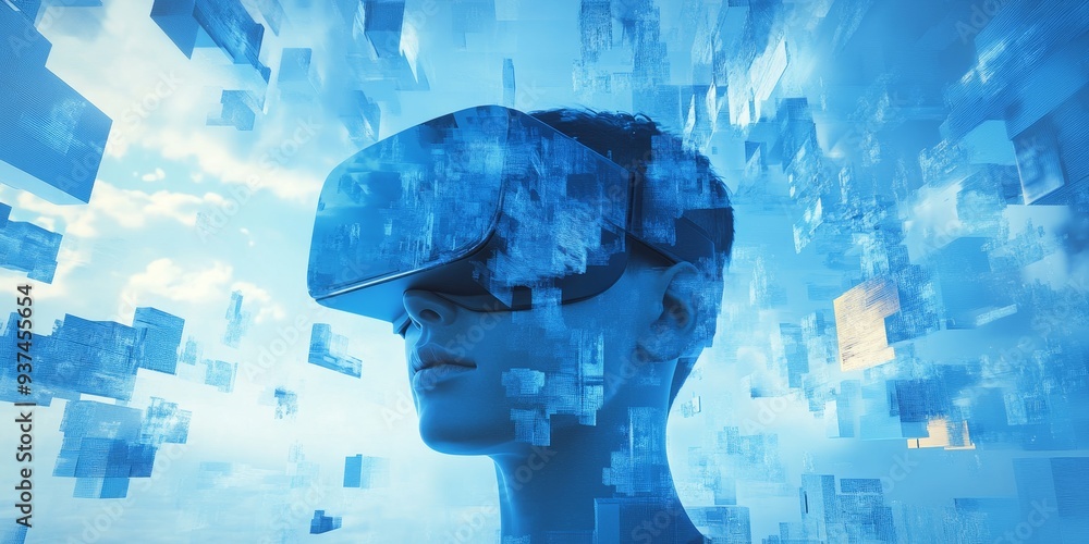 Poster a vr environment transition, digital elements morphing smoothly, user seamlessly moving from one wor