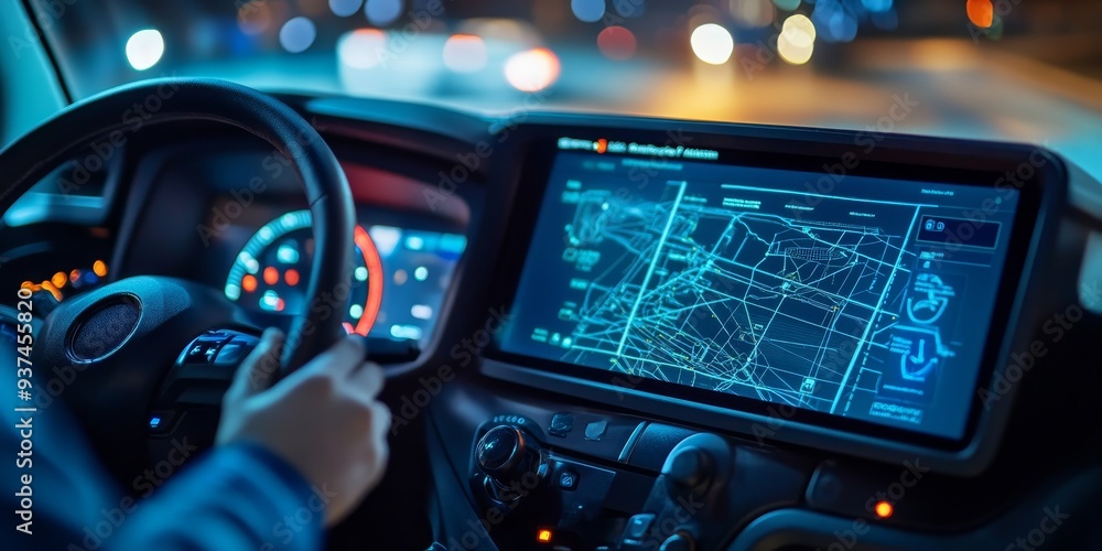 Leinwandbilder Focused image of a fleet management system, IoT-enabled GPS tracking and vehicle diagnostics displayed on screen, business efficiency solutions