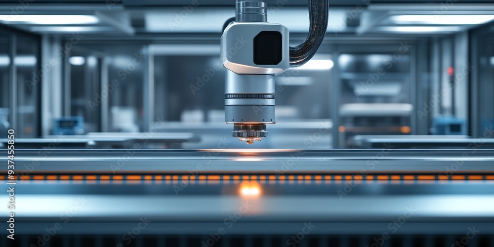 Poster an automated robotic inspection system, high-precision sensors scanning and analyzing products in real-time