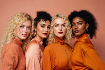 Obraz premium A group of diverse women standing in a row next to each other, showcasing unity and togetherness. Generative AI
