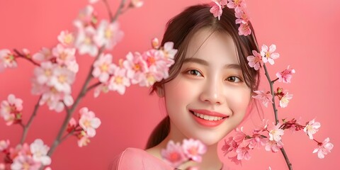 Naklejka premium Smiling Asian Woman With Pink Flowers