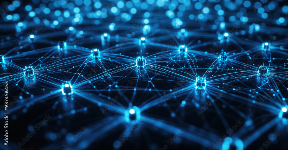 Poster Glowing nodes interconnected on black background with data transfer in a technological network concept. High quality photo