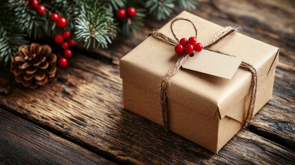 brown christmas gift box with a blank tag on a rustic wooden table