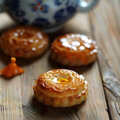 Close Up of Sweet Pastry with Honey Drizzle on Wooden Surface