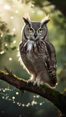 Obraz premium A majestic owl perched on a mossy branch in a sunlit forest setting.