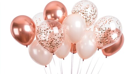Group of rose gold and clear balloons with confetti inside, isolated on white